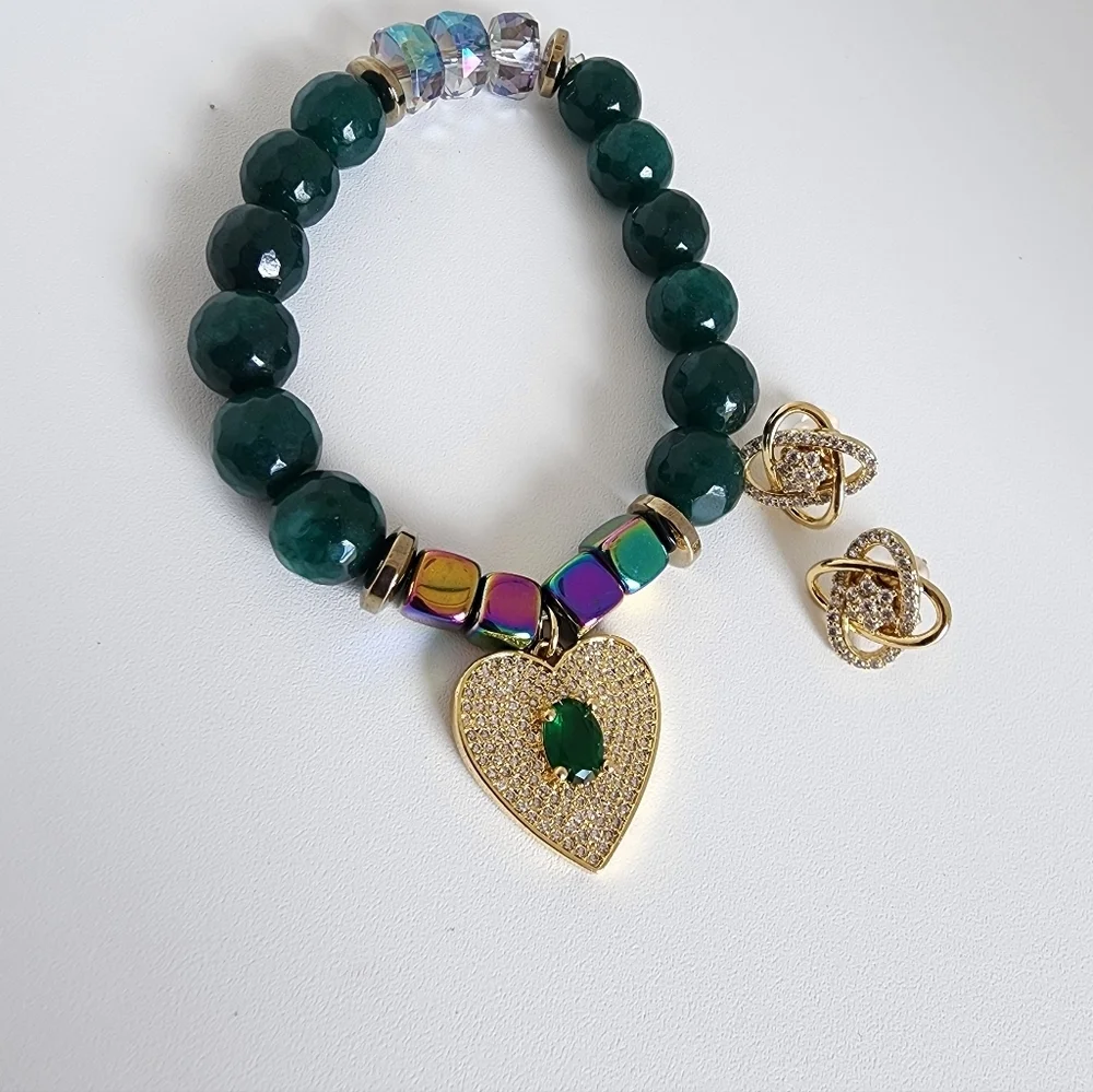 Agate Beaded Bracelet Green Gold Heart Charm CZ + Matching Earrings Jewelry Set